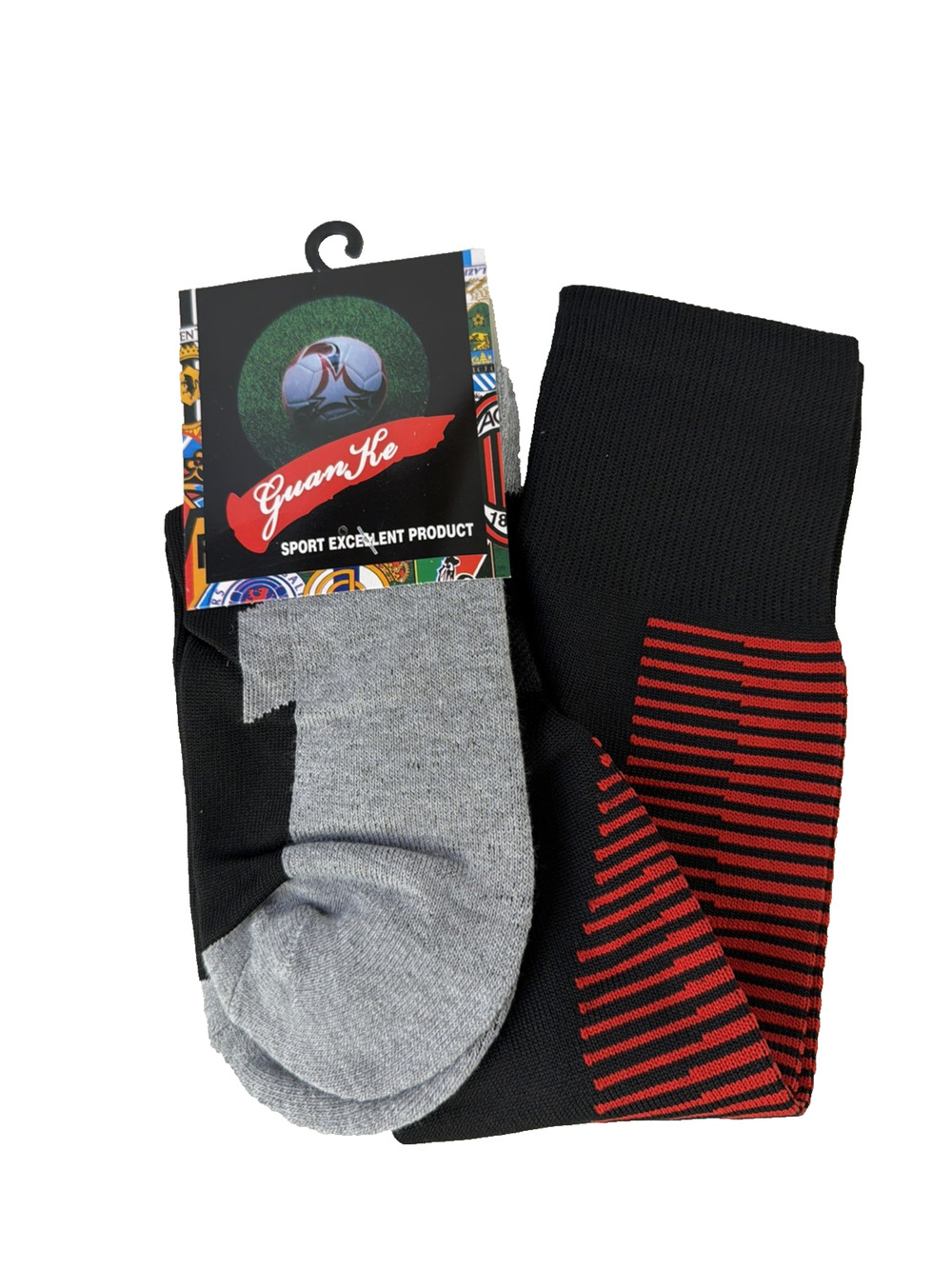 Guan Ke Sport Sock Unisex Black /Red Horizontal Striping Cushion Knee Adult OS